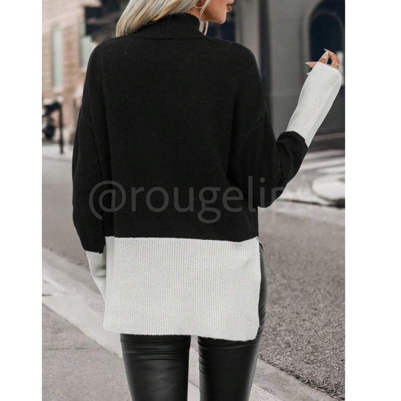 2 Tone Colorblock Sweater Pullover Black & Off White Knit Long Sleeve Side Slits - Picture 5 of 8